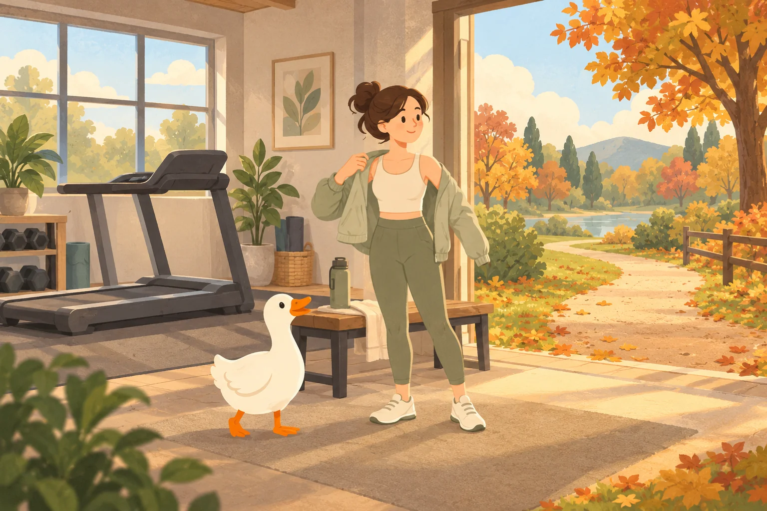 A person and a white goose stand beside a gym bench, with a stationary treadmill on one side and an open doorway to a park on the other.