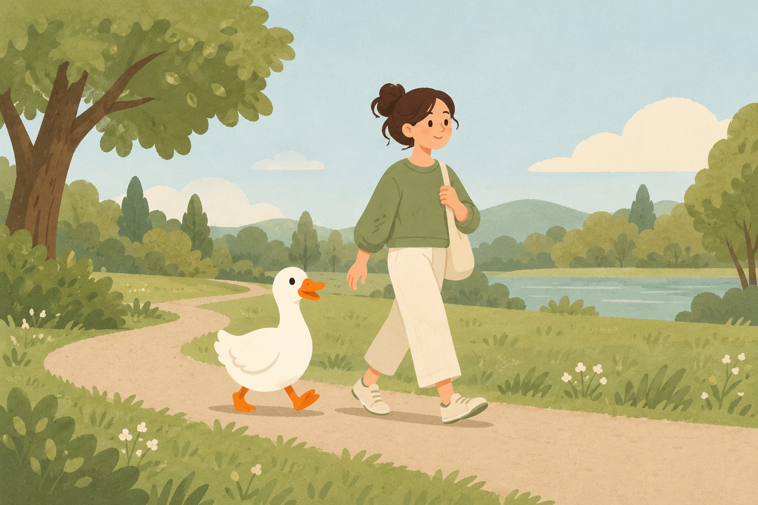 A relaxed walker and Waddle’s goose companion stroll together on a park path.