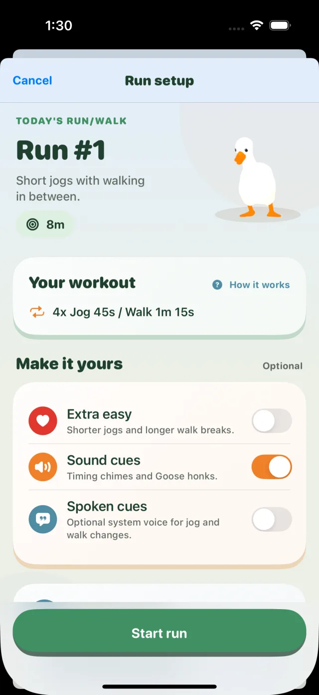 Waddle run setup showing an extra-easy option, sound cues, and spoken cues.