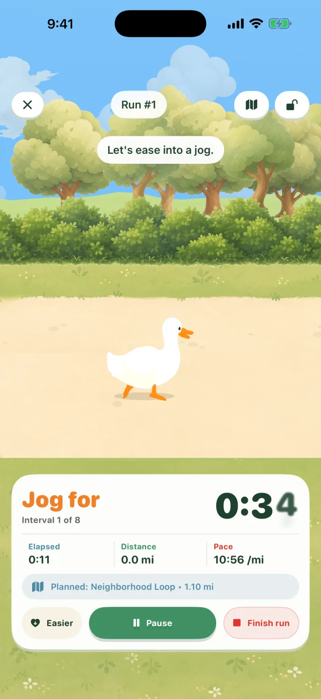 Waddle live session showing a guided jog interval, the animated goose, and simple run stats.