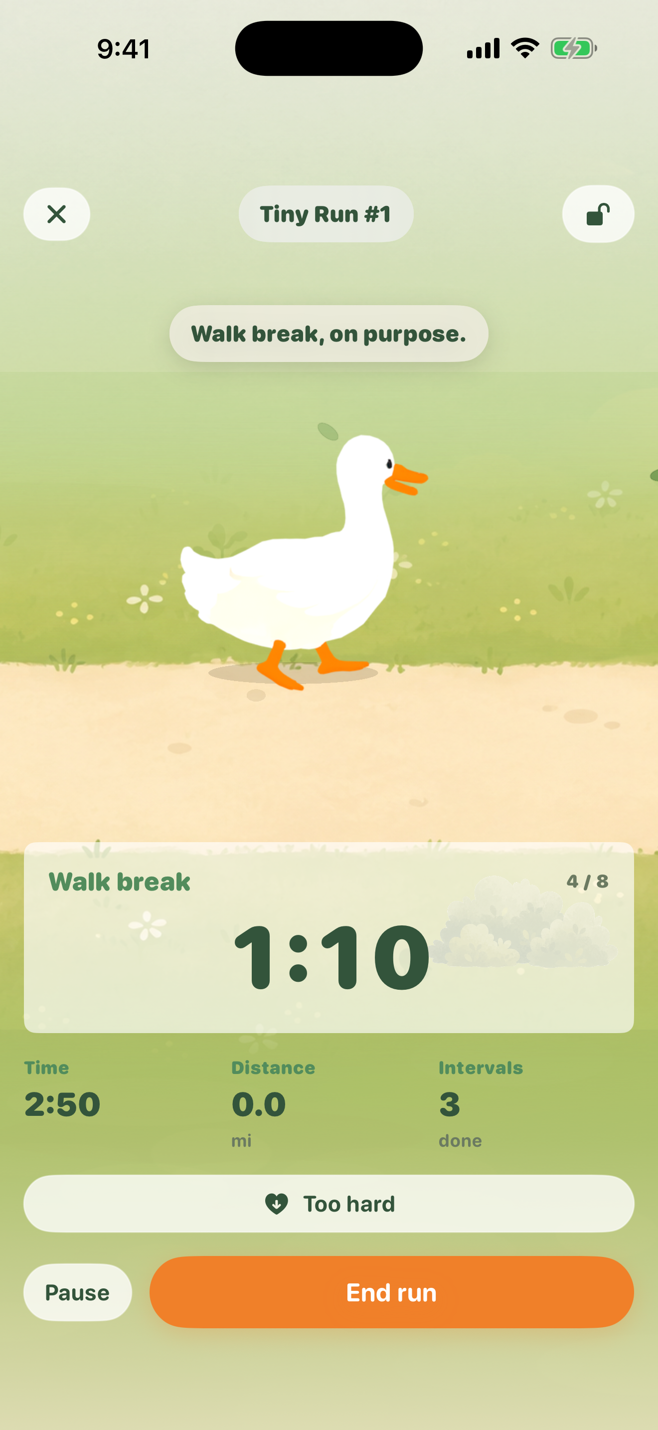 Waddle to Run live session showing a walk break, the animated goose, and simple run stats.