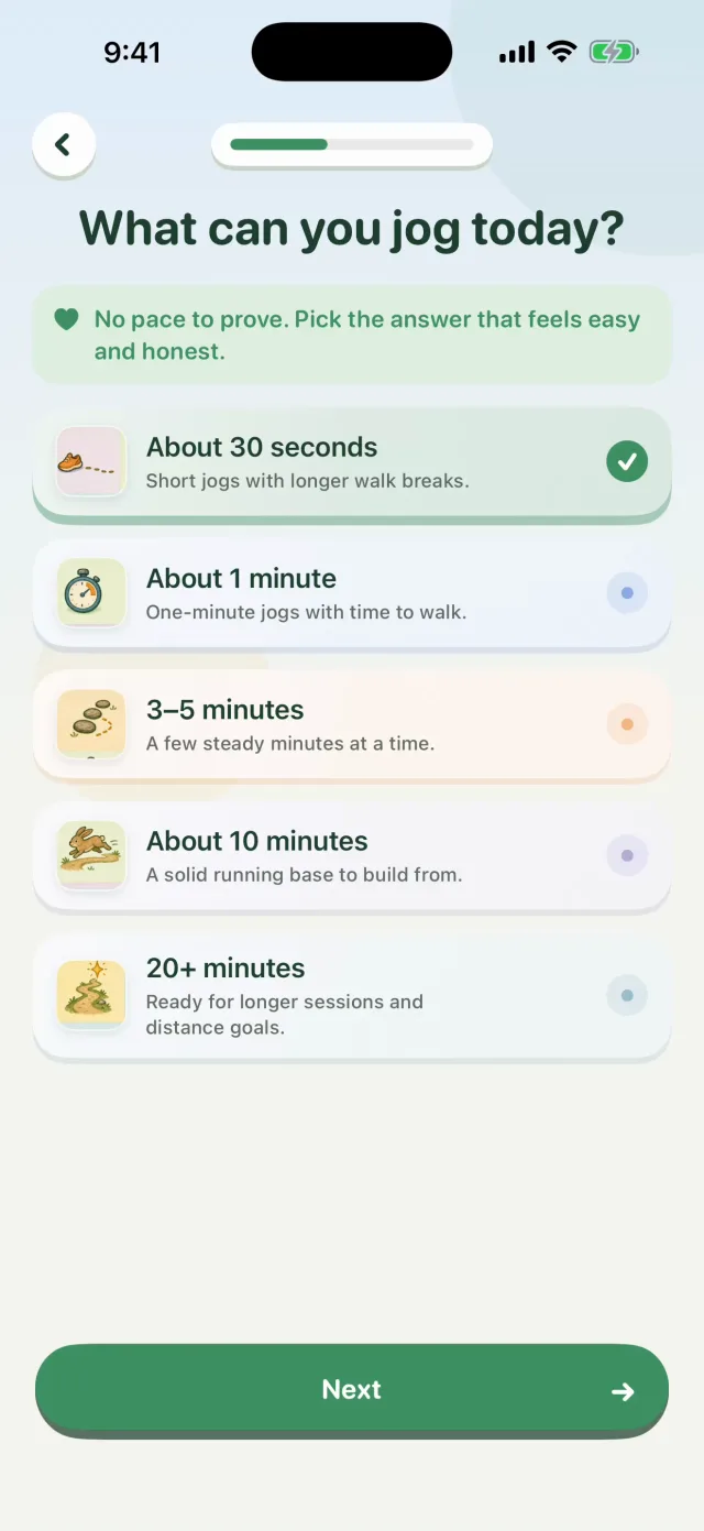 Waddle onboarding asking what you can jog today, with honest beginner-friendly options.