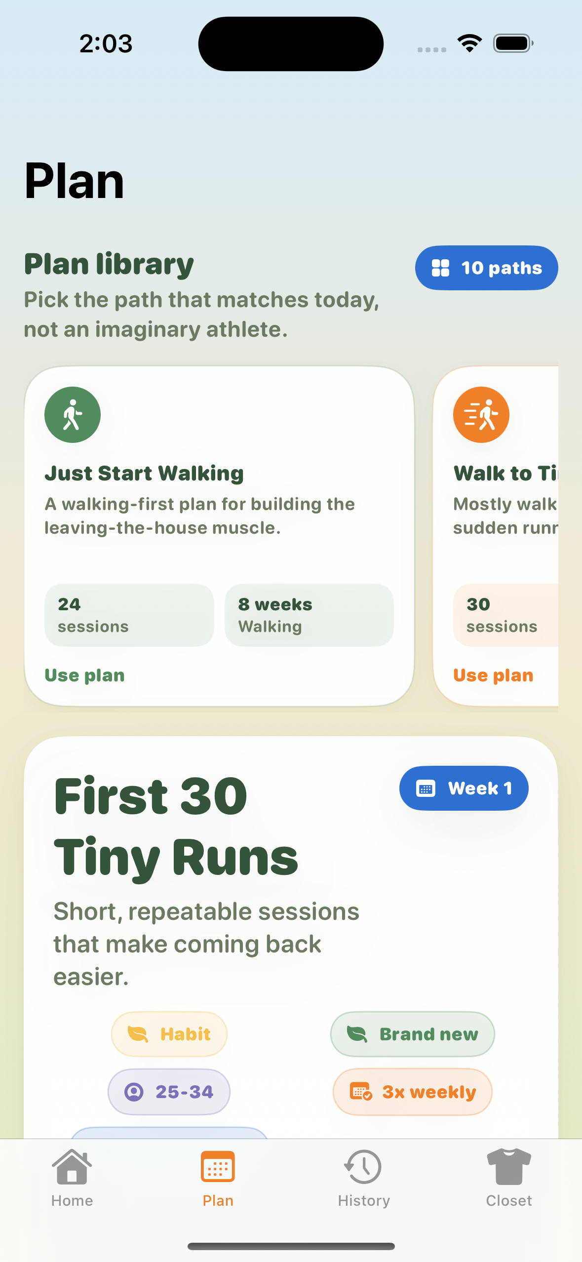 Waddle to Run plan library with walking-first and tiny-run training plans.