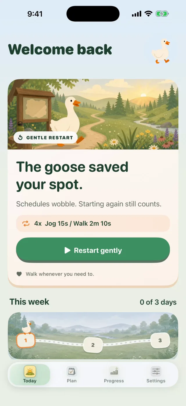 Waddle welcome-back screen offering a gentle restart without losing progress.