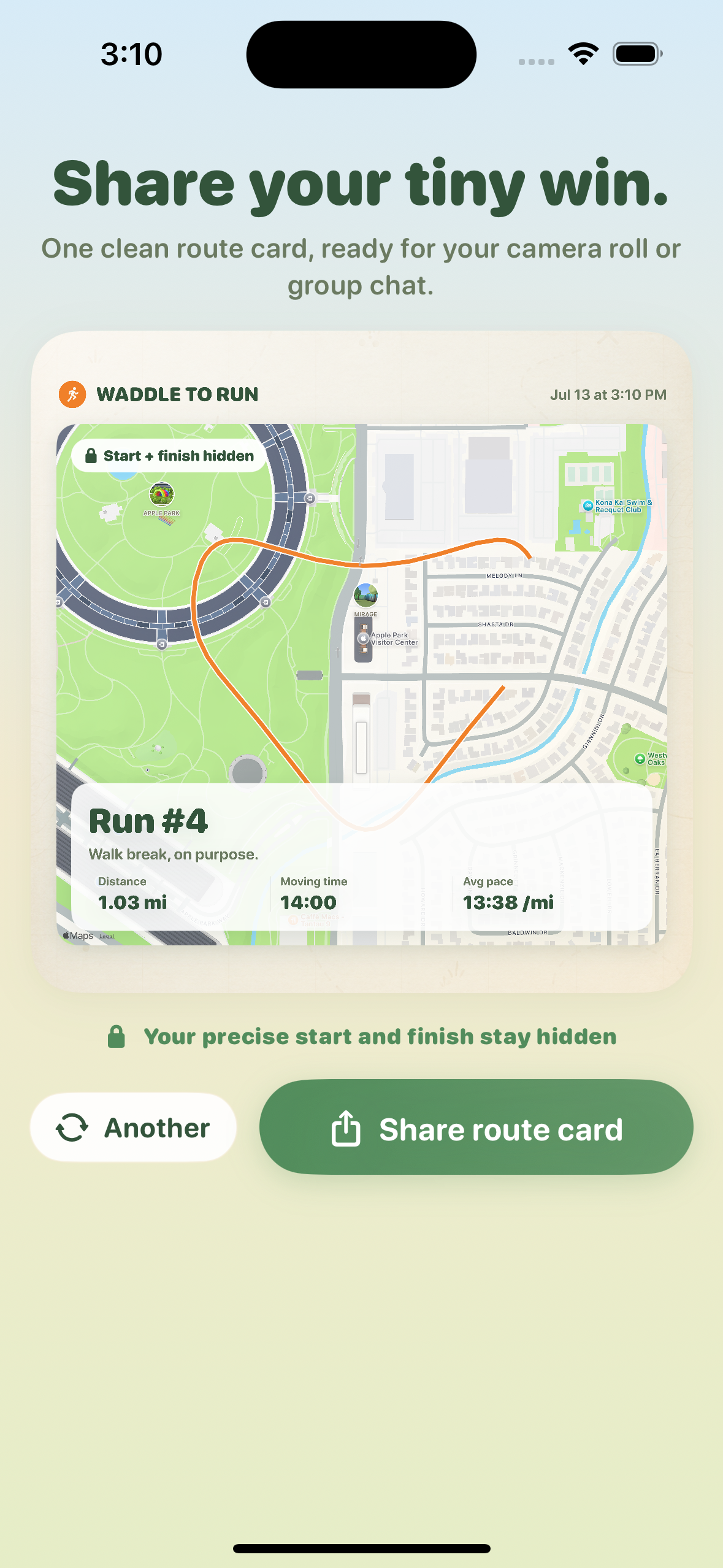 An illustrated privacy-safe route postcard from Waddle to Run.
